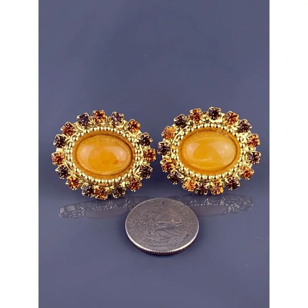 Large Yellow Carnelian Cabochon Cufflinks Gold Tone Rhinestones Orange Brown VTG